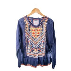 Biya Johnny Was Embroidered Tunic Top Cupra Floral Navy Boho M